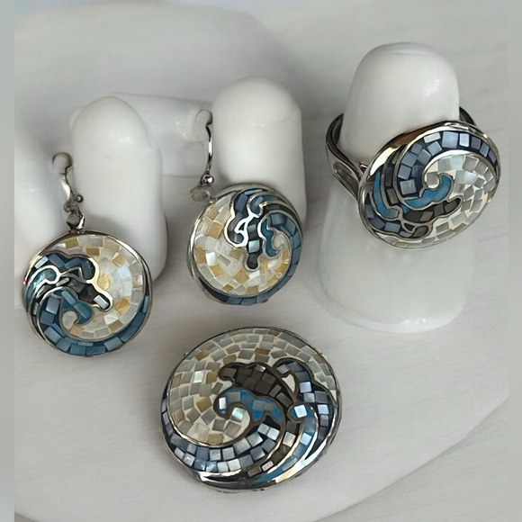 Bronze Micro Mosaic Mother of Pearl Ocean Wave Surf Rhodium Plated Parure